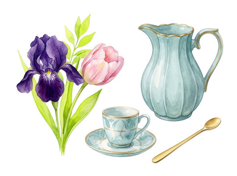 Illustration &agrave; l'aquarelle d'un service &agrave; th&eacute; en porcelaine bleu clair avec une tasse, une soucoupe, un pichet, une cuill&egrave;re dor&eacute;e et un bouquet de tulipe rose et d'iris violet sur fond blanc.