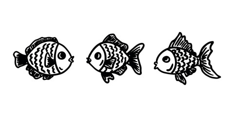 Obraz premium Set hand drawn happy funny cute fish Adorable friendly kawaii tropical fish Underwater world sea life ocean Fishing seafood For design, kids print, kids books, nursery decor, coloring pages, logo