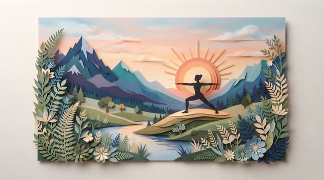 Paper cut style yoga pose landscape with mountains sunrise and flowers