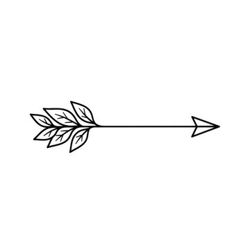 Hand drawn arrow with leaves, boho style floral arrow illustration on white background.