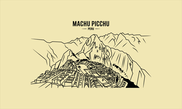 Detailed line of the ancient incan citadel of machu picchu in peru mountains