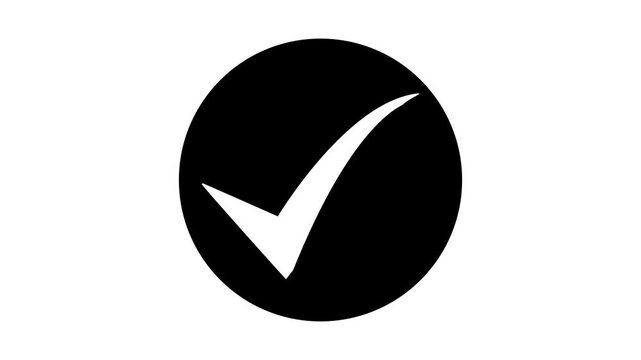 Animated white check mark icon in black circle. Isolated on a white background. Check mark symbol. approved tick mark icon, Check mark icon animation , right mark icon. check box, tick box icon, 4k