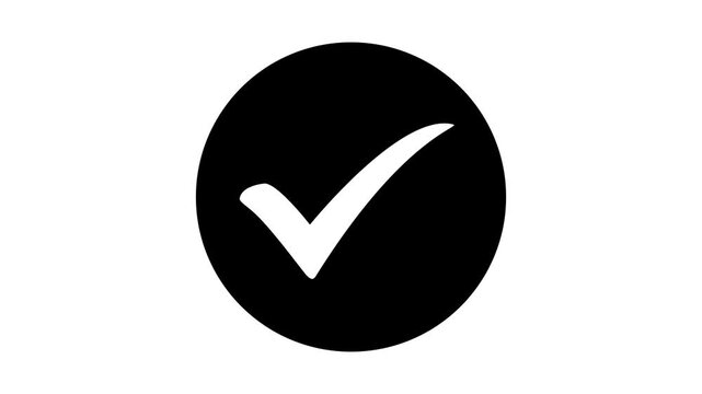 Animated white check mark icon in black circle. Isolated on a white background. Check mark symbol. approved tick mark icon, Check mark icon animation , right mark icon. check box, tick box icon, 4k