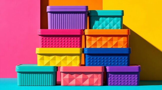 Colorful Stacked Plastic Storage Containers on Vibrant Background.