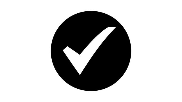 Animated white check mark icon in black circle. Isolated on a white background. Check mark symbol. approved tick mark icon, Check mark icon animation , right mark icon. check box, tick box icon, 4k