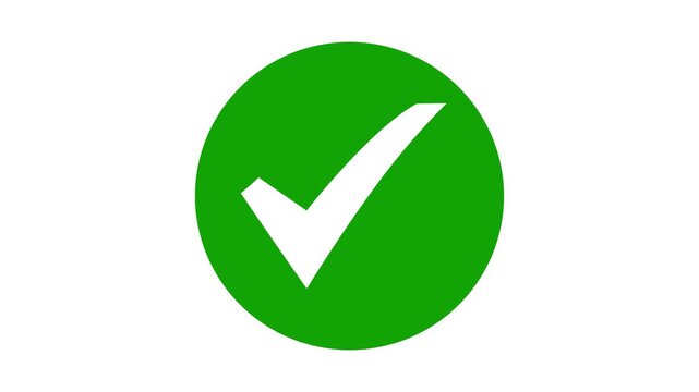 Green check mark animation. Yes tick. Correct check mark symbol. Yes sign. Correct vote icon. Animated white check mark icon in green circle. Isolated on a white background.