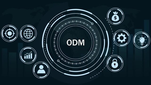 Dynamic odm original manufacturer concept with futuristic digital interface, rotating hud global business network connectivity, data analytics, and corporate strategy on dark background