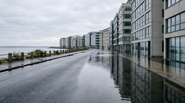 Rising sea levels reach an urban street during high tide, illustrating coastal flooding, climate risk, and the need for resilient city planning and adaptation.