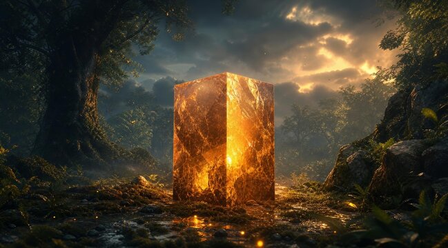 Glowing fiery cube monolith in a mystical forest.