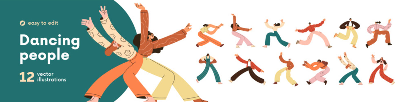 Happy people dancing set. Energetic male and female dancers in funny dynamic poses. Excited young men and women in active motion, fun movements. Flat vector illustration isolated on white background
