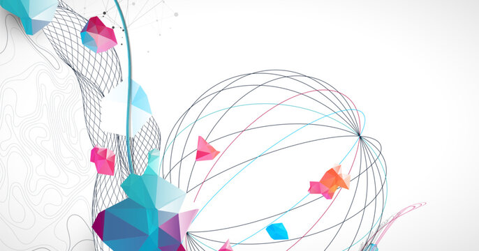 Abstract art background with scientific geometric concepts colorful low poly crystals and delicate wave lines. Vector