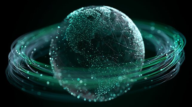 futuristic transparent globe made of interconnected payment nodes, emerald green and cyan financial data streams orbiting the Earth,