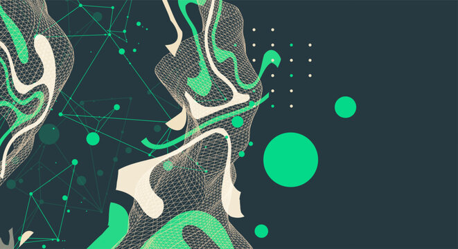 Abstract futuristic background with dynamic green and beige fluid waves, mesh grid, geometric lines. Vector