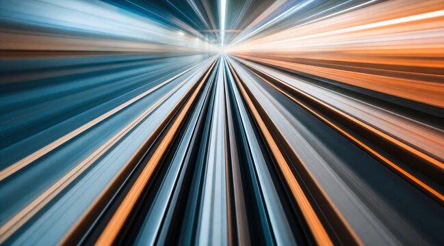 High speed motion blur of train tracks in a tunnel at night.