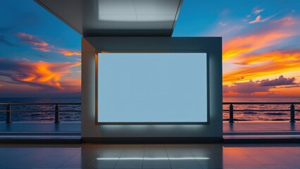 Fototapeta premium Blank billboard facing ocean. Dramatic sunset colors visible. Modern architecture, clean lines, empty space dominates scene.