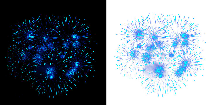 Cyan blue fireworks display featuring multiple radial bursts and glowing trails for creative night scene overlays or graphic design assets.