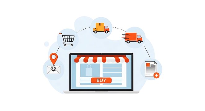 Comprehensive digital commerce illustration depicting a laptop interface with an integrated global logistics and supply chain process flow for efficient online retail shopping and package delivery