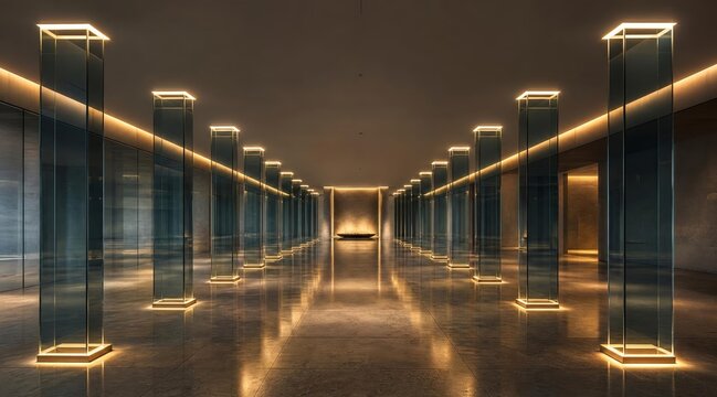 Modern luxury interior hall with glowing pillars and architectural lighting.