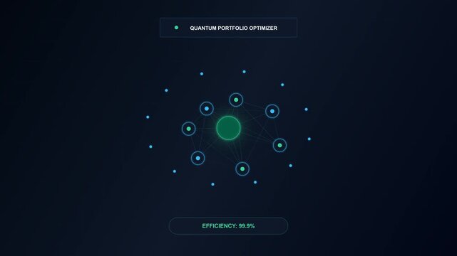 digital interface showcasing a quantum portfolio optimizer with an interconnected glowing network graph and a real-time efficiency meter against a dark background.