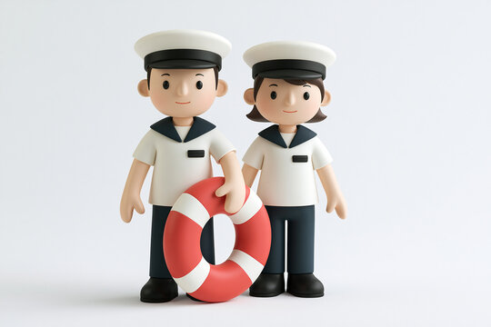 船の運航を支える男女クルーの3Dイラスト