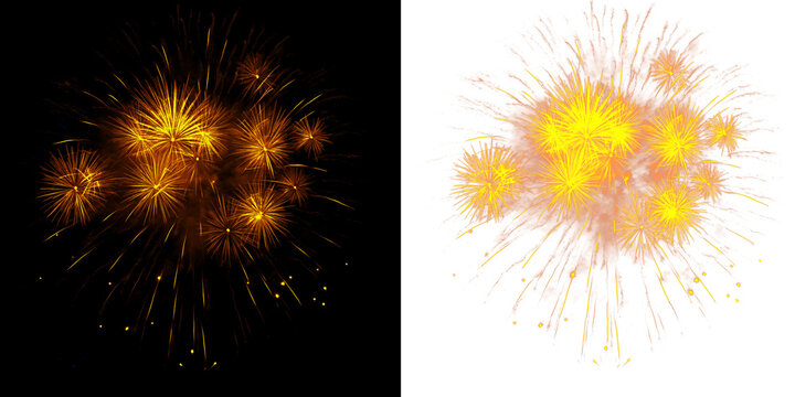 Abstract golden fireworks exploding against dark night sky, festive celebration element for holiday designs and events.