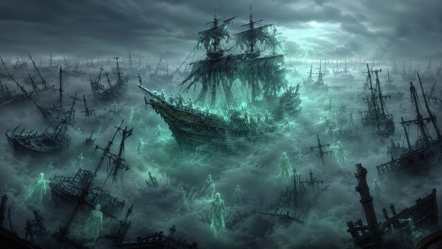 Ghostly galleons sailing through a misty, haunted sea, surrounded by spectral figures and shipwrecks