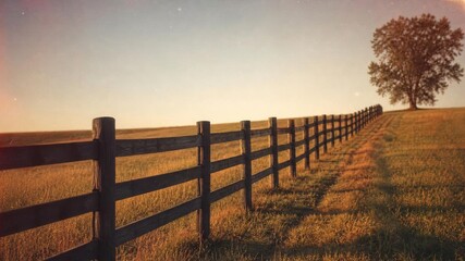 Fototapeta premium Rustic wooden fence stretching across a golden sunset field towards a lone tree.