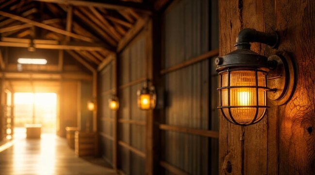 Rustic barn interior with warm glowing wall lamps and sunset light.