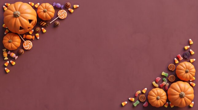 A festive halloween banner featuring orange pumpkins and decorative autumn elements arranged in opposite corners on a dark purple background