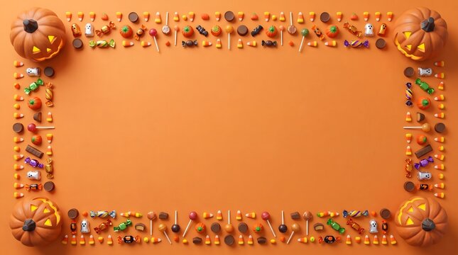 A festive halloween banner featuring a decorative border of pumpkins and autumn leaves on a solid orange background for celebration