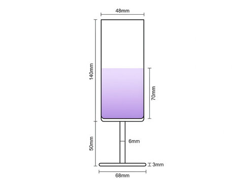 Desenho t&eacute;cnico de uma ta&ccedil;a de vidro com medidas precisas, ilustrando dimens&otilde;es de altura, largura e base em um estilo minimalista de esquema de engenharia para design de produto e fabrica&ccedil;&atilde;o