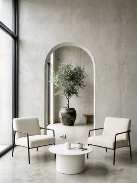 Minimalist concrete interior with large archway, two white armchairs with black metal legs, round white coffee table, and large potted olive tree