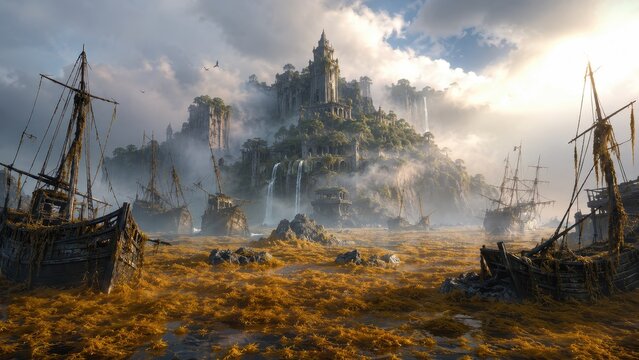 Mysterious island castle shrouded in mist with ancient shipwrecks scattered around