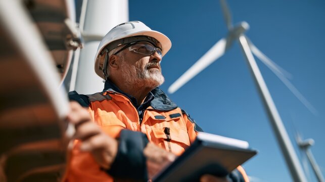 Senior engineer in protective gear inspecting wind turbines at a large renewable energy power plant with tablet while inspecting male engineer wearing
