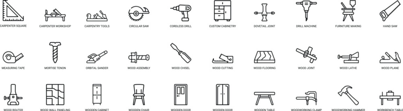 Woodworking tools icon set featuring carpentry equipment and timber furniture construction.