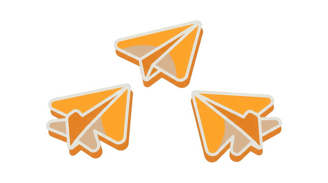 Tr&ecirc;s &iacute;cones estilizados de avi&otilde;es de papel em tons de laranja dispostos em um padr&atilde;o triangular, apresentando um design plano e moderno com contornos suaves, ideal para conceitos de comunica&ccedil;&atilde;o e