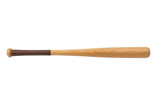 Um taco de beisebol cl&aacute;ssico feito de madeira clara com empunhadura marrom texturizada, isolado em um fundo branco limpo, ideal para esportes, design gr&aacute;fico e publicidade relacionada ao beisebol.