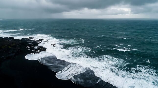 Ocean waves crashing on black sand beach