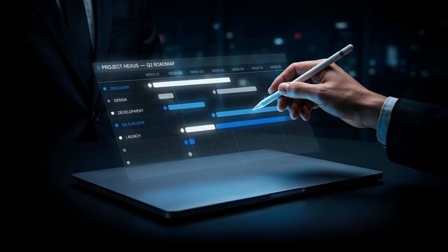 A futuristic holographic interface displaying a q2 project roadmap hovering above a laptop, being manipulated by a professional in a dark office environment