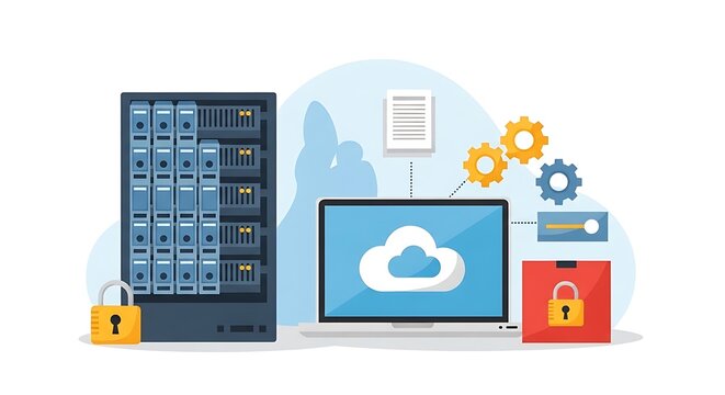 Comprehensive cloud computing infrastructure illustration featuring a secured server rack, laptop screen with cloud symbol, and digital security encryption icons for modern data management solutions