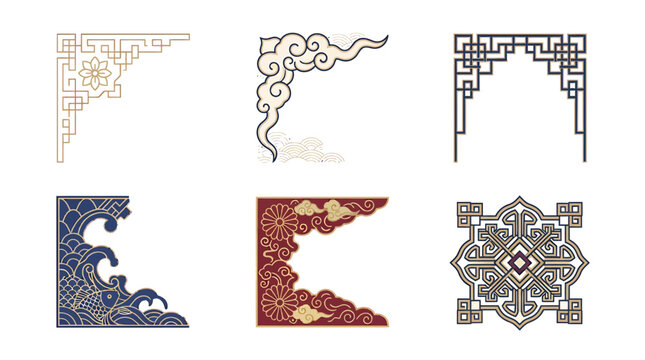 Collection of traditional Chinese decorative corner frames and ornamental patterns for graphic design.