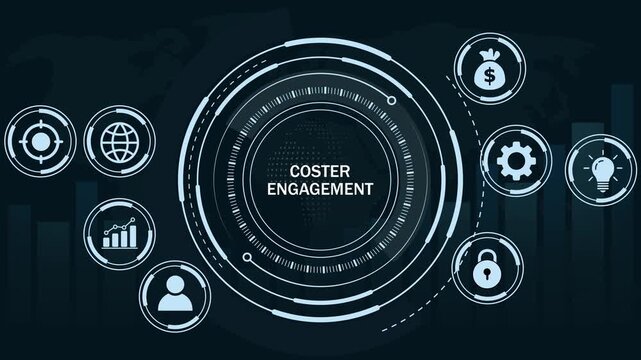 Dynamic coster engagement digital interface featuring interactive hud global business connectivity financial growth analytics, and futuristic data visualization for corporate presentations
