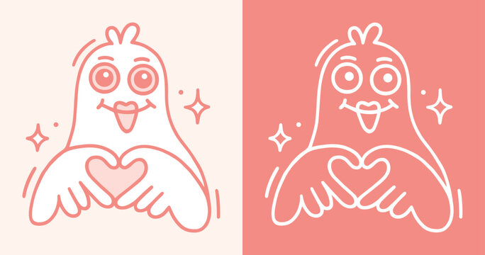 Pigeon with heart wings romantic outline drawing pink girly coquette aesthetic bird romance dove lovers ink illustration. Funny valentine galentines day whimsical doodle love sticker design print.