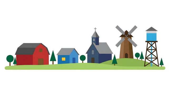 Rural landscape with farm buildings and windmill a colorful vector illustration