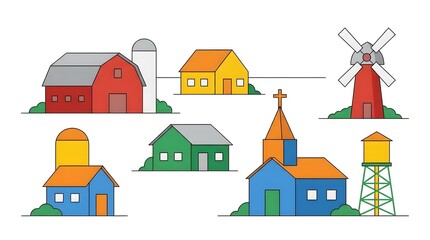 Fototapeta premium Colorful farm buildings and structures depicted in a flat vector illustration