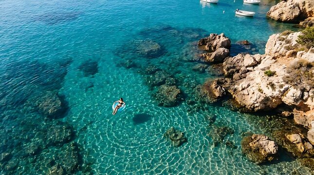 Person floating on inflatable ring in clear blue sea