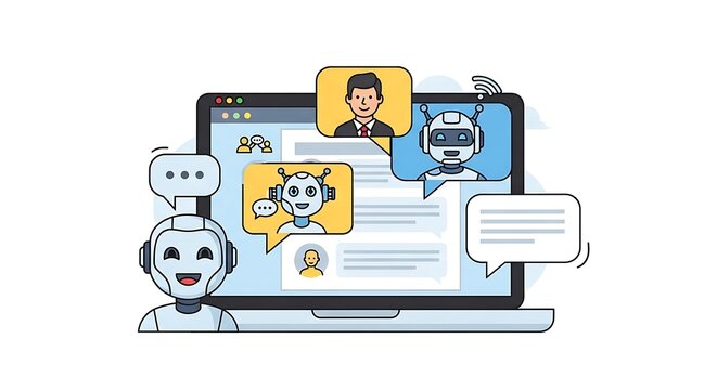 Vector illustration depicting a laptop interface with artificial intelligence chat bots and human avatars exchanging digital messages for modern communication and automated customer support service