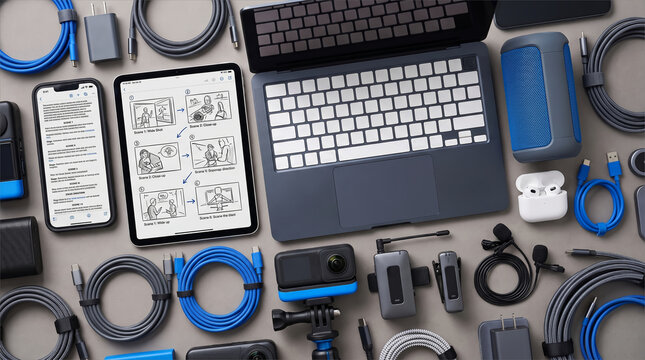Technology gadgets flat lay with laptop tablet and instructions