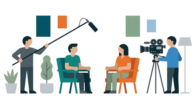 Filmmaking scene with crew camera and seated interview subjects vector illustration