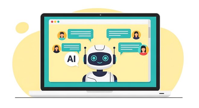 A flat vector illustration of an artificial intelligence chatbot interface on a laptop screen featuring automated virtual assistant communication with diverse user profile avatars for customer support